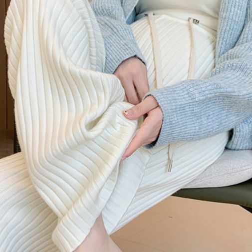 白パンツ リブ編みニットワイドマタニティパンツ