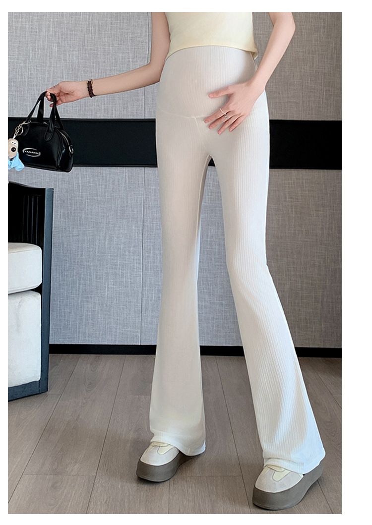 白パンツ 高腰腹部調節機能付きリブ編みフレアマタニティパンツ