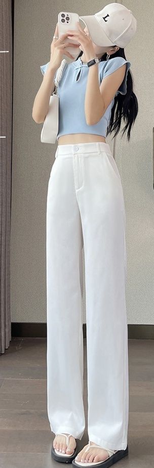 白パンツ 脚長効果抜群の高ウエストワイドパンツ