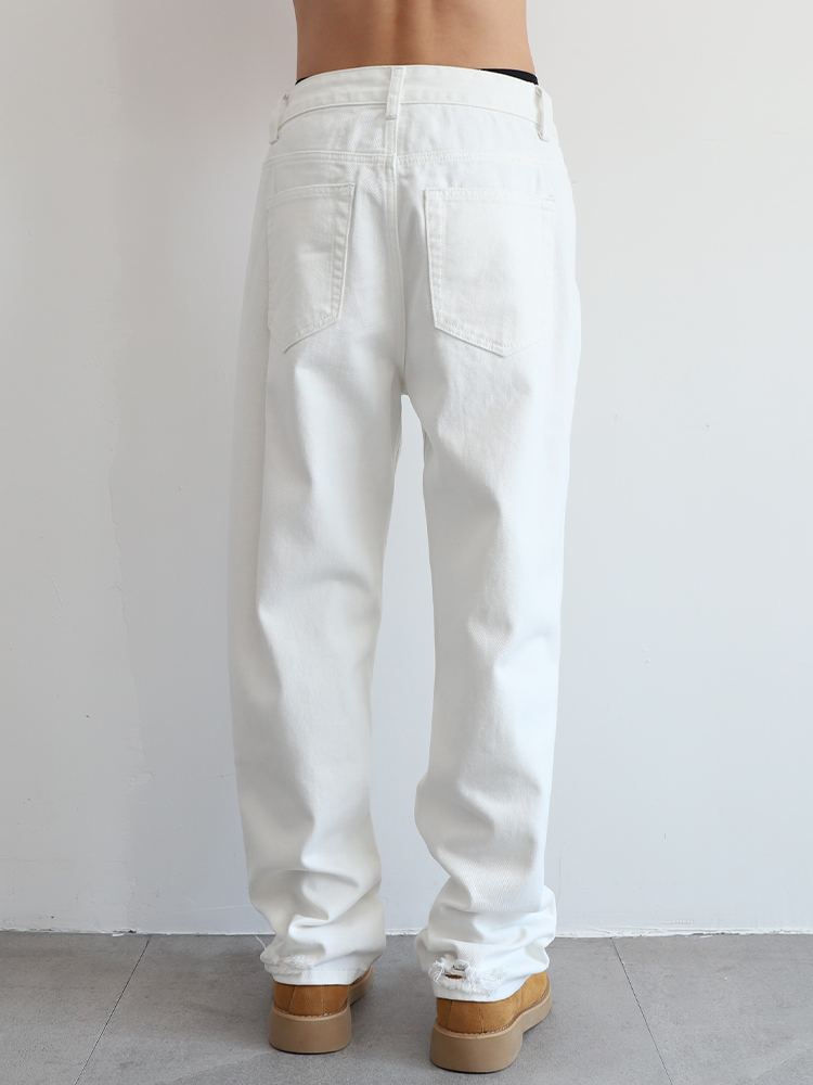 白パンツ ダメージ加工ストレートパンツ