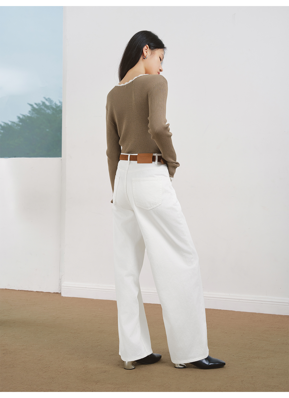 白パンツ ハイウエストストレートデニムパンツ