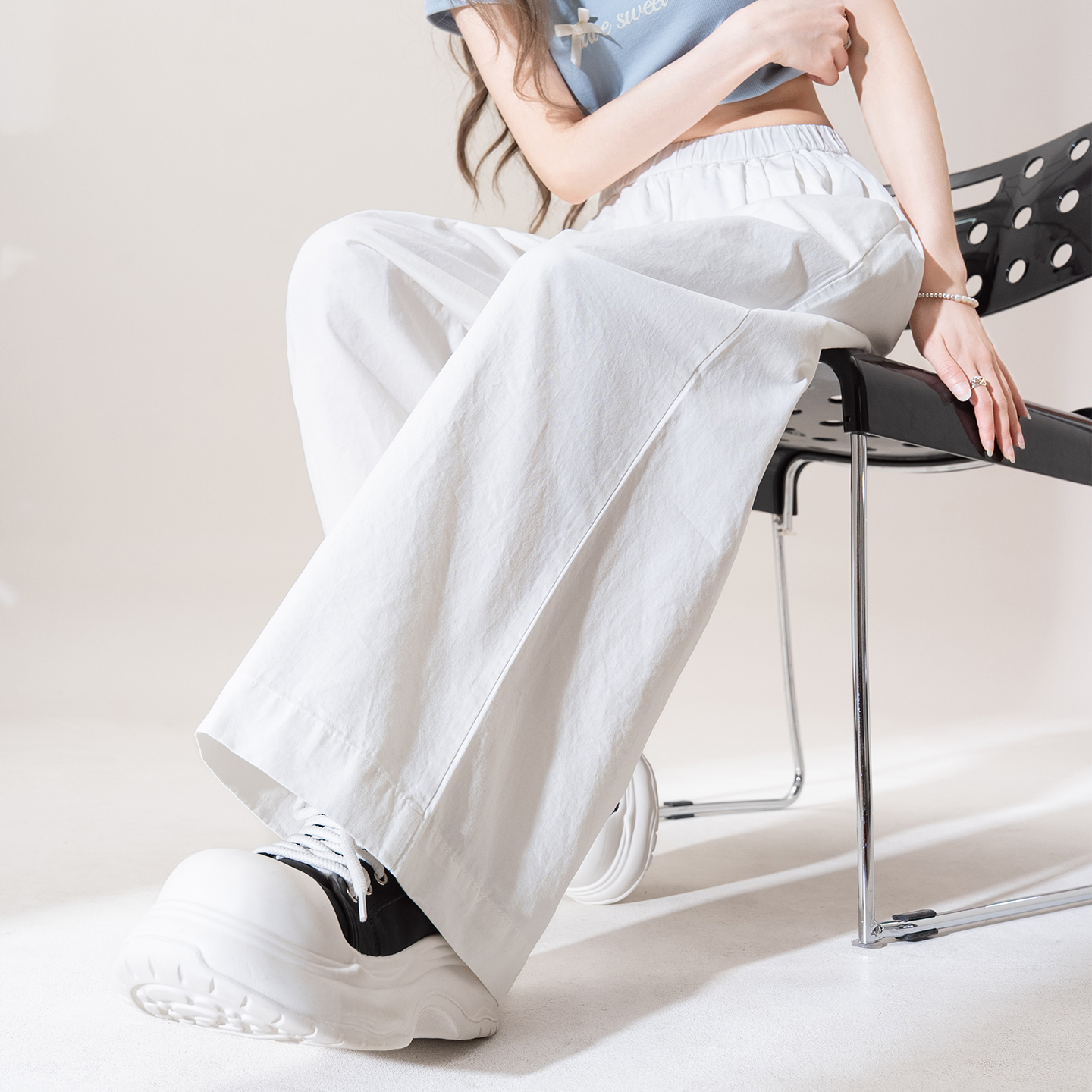 白パンツ ゆったりワイド綿麻素材ロングパンツ