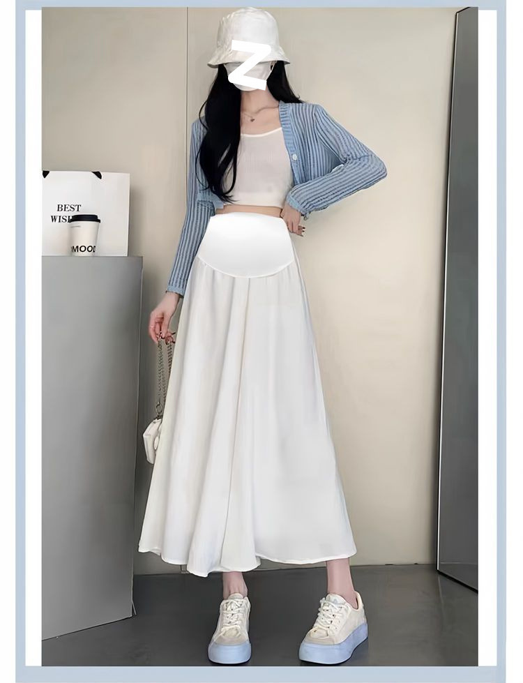 白パンツ 腹部切替えワイドマタニティパンツ