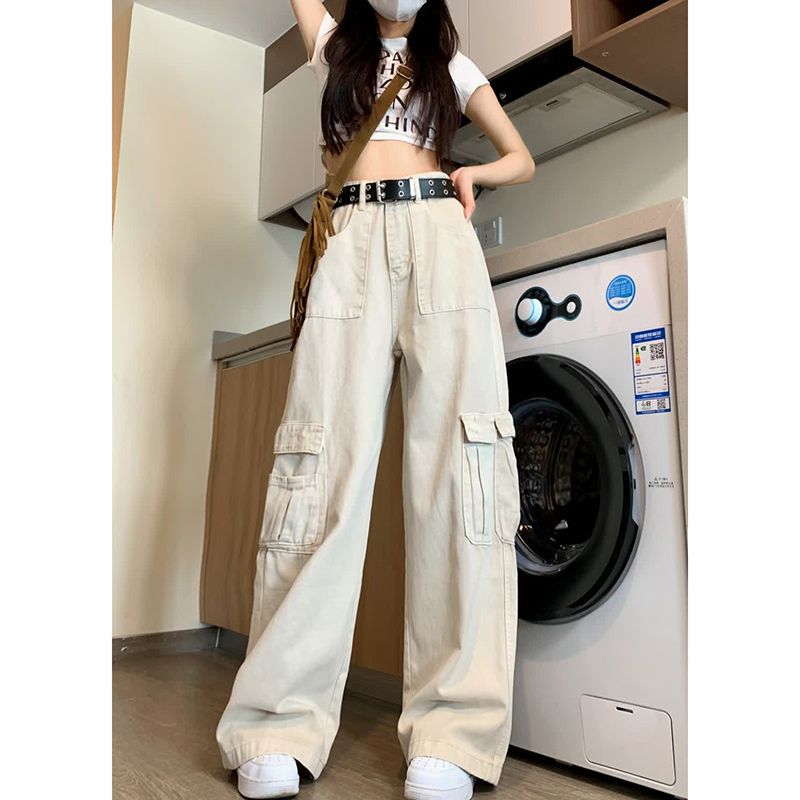 白パンツ 四月新作レディースカーゴパンツ白系デニム風