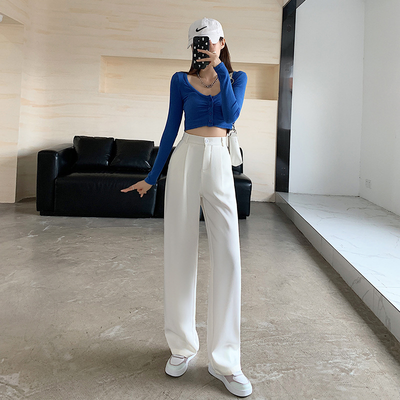 白パンツ ハイウエスト広幅ストレートパンツ レディース
