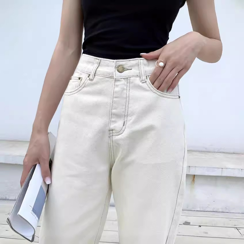 白パンツ レディース ゆったりストレートデニムパンツ
