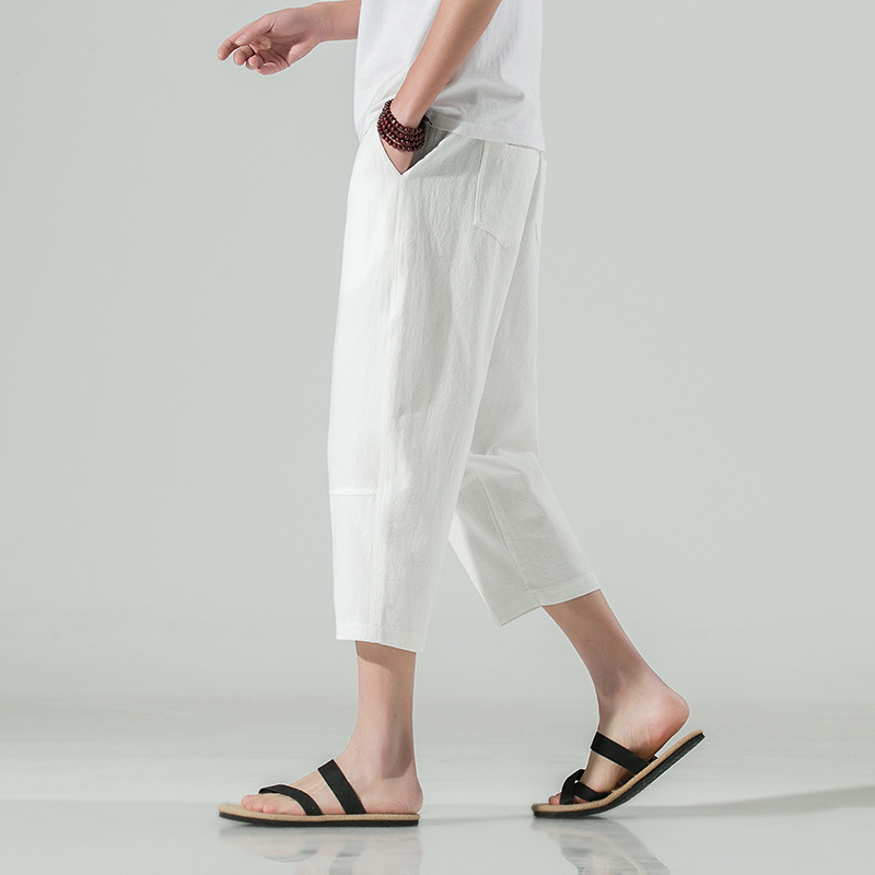 白パンツ リネン混紡 リラックスクロップドパンツ