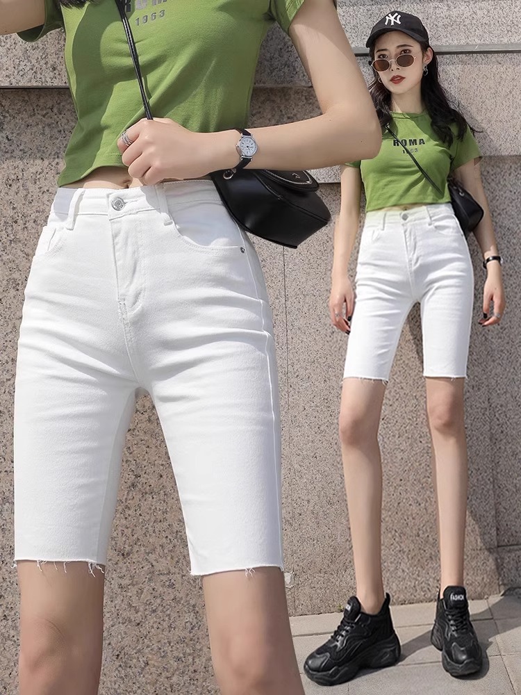白パンツ カットオフスリムハーフパンツ