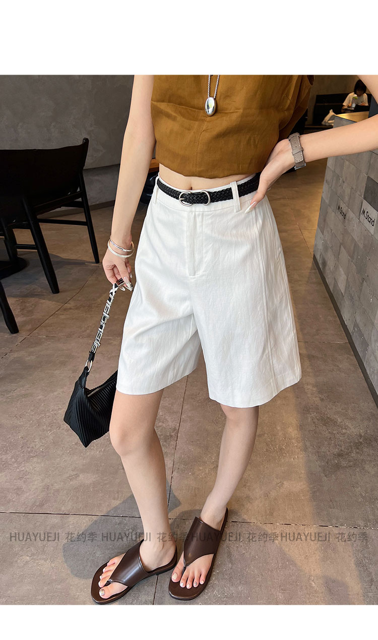 白パンツ 涼感リネン風ハーフ丈ゆったりショートパンツ