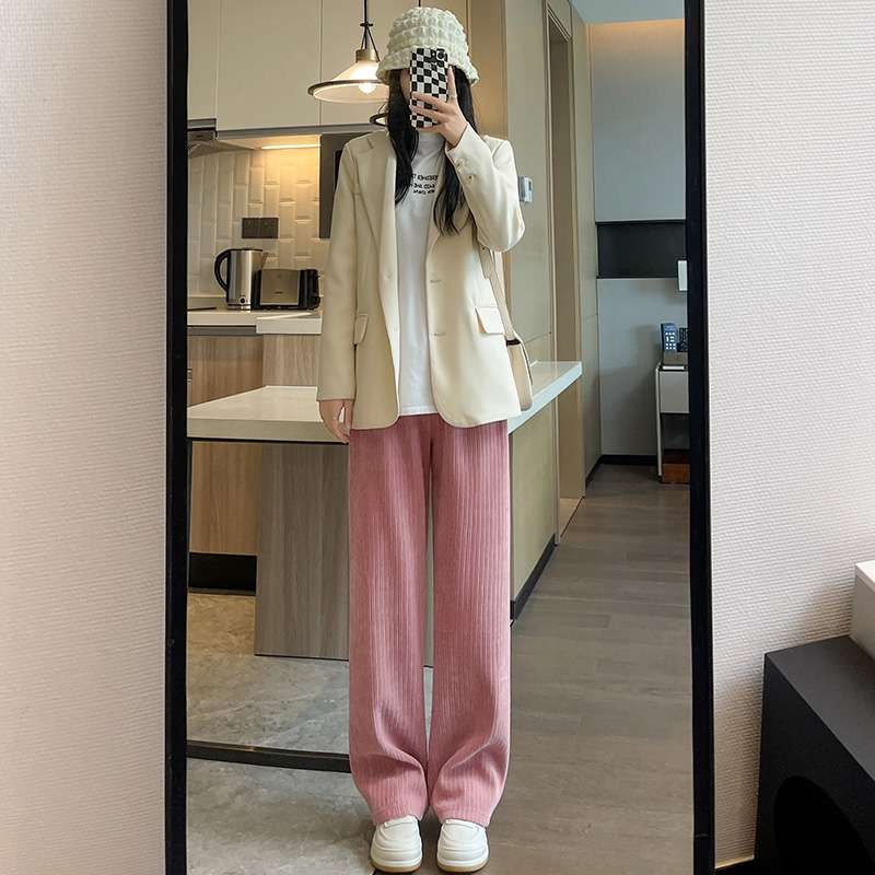 白パンツ リブニットゆったりワイドパンツ