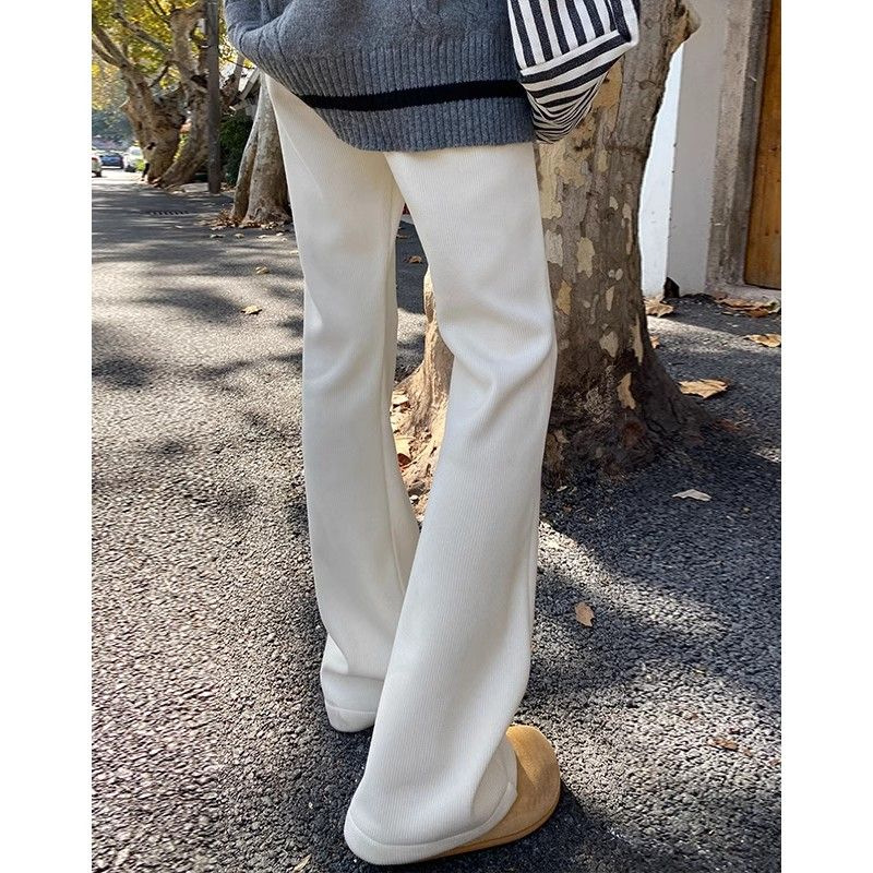 白パンツ リブ編みワイドスラックスパンツ