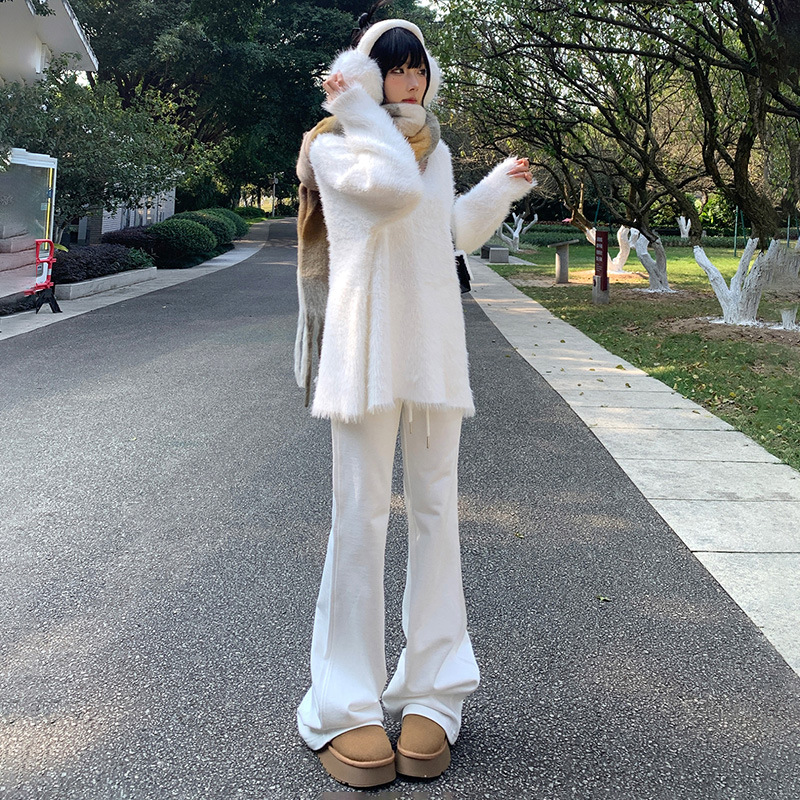 白パンツ センタープレスフレアワイドパンツ