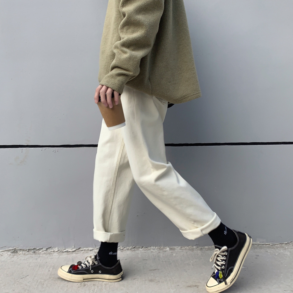 白パンツ ストレートスラックス デニム風パンツ