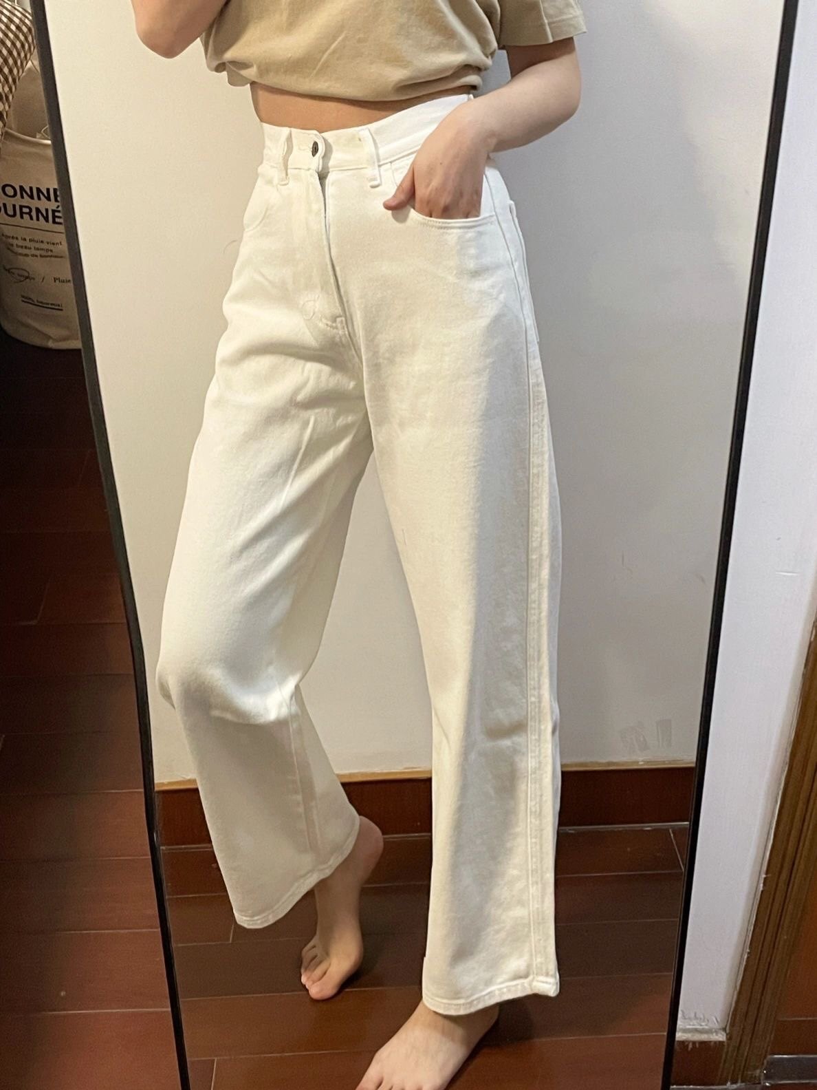 白パンツ ハイウエストストレートデニムワイドパンツ