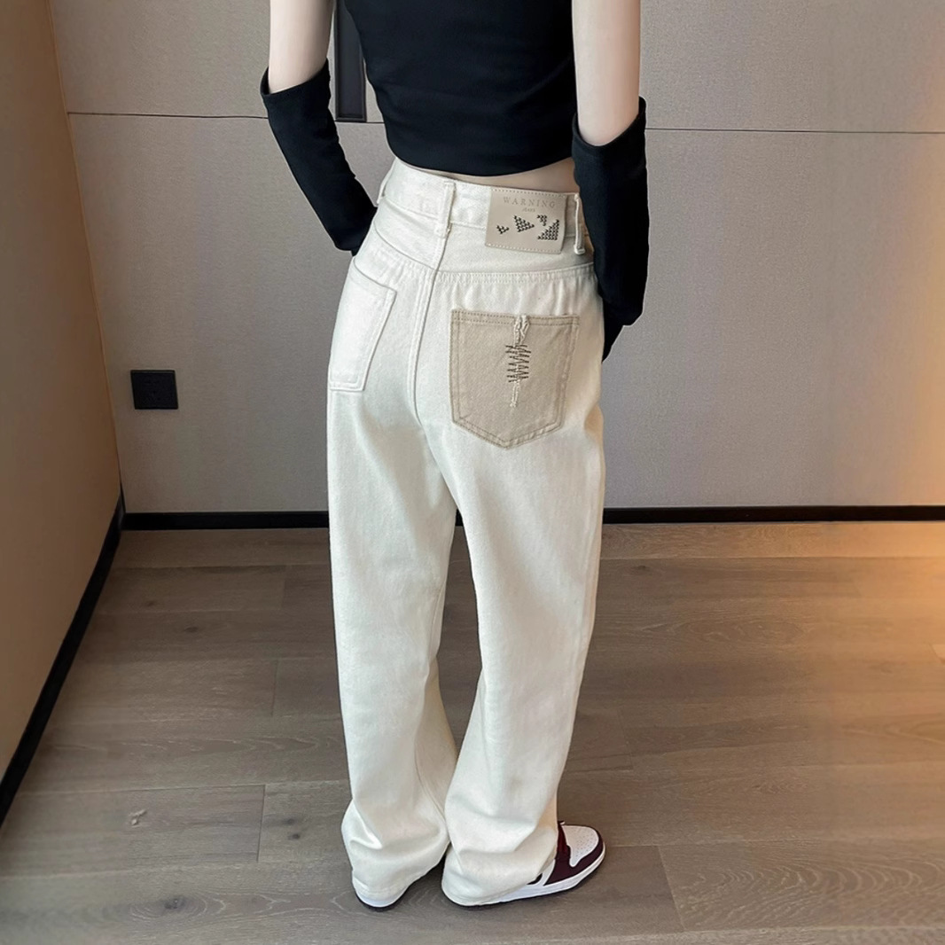 白パンツ ウエスト刺繍デニムストレートパンツ