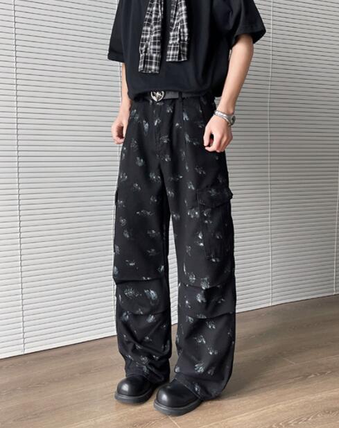 メンズ白パンツ カーゴ総柄ワイドパンツ