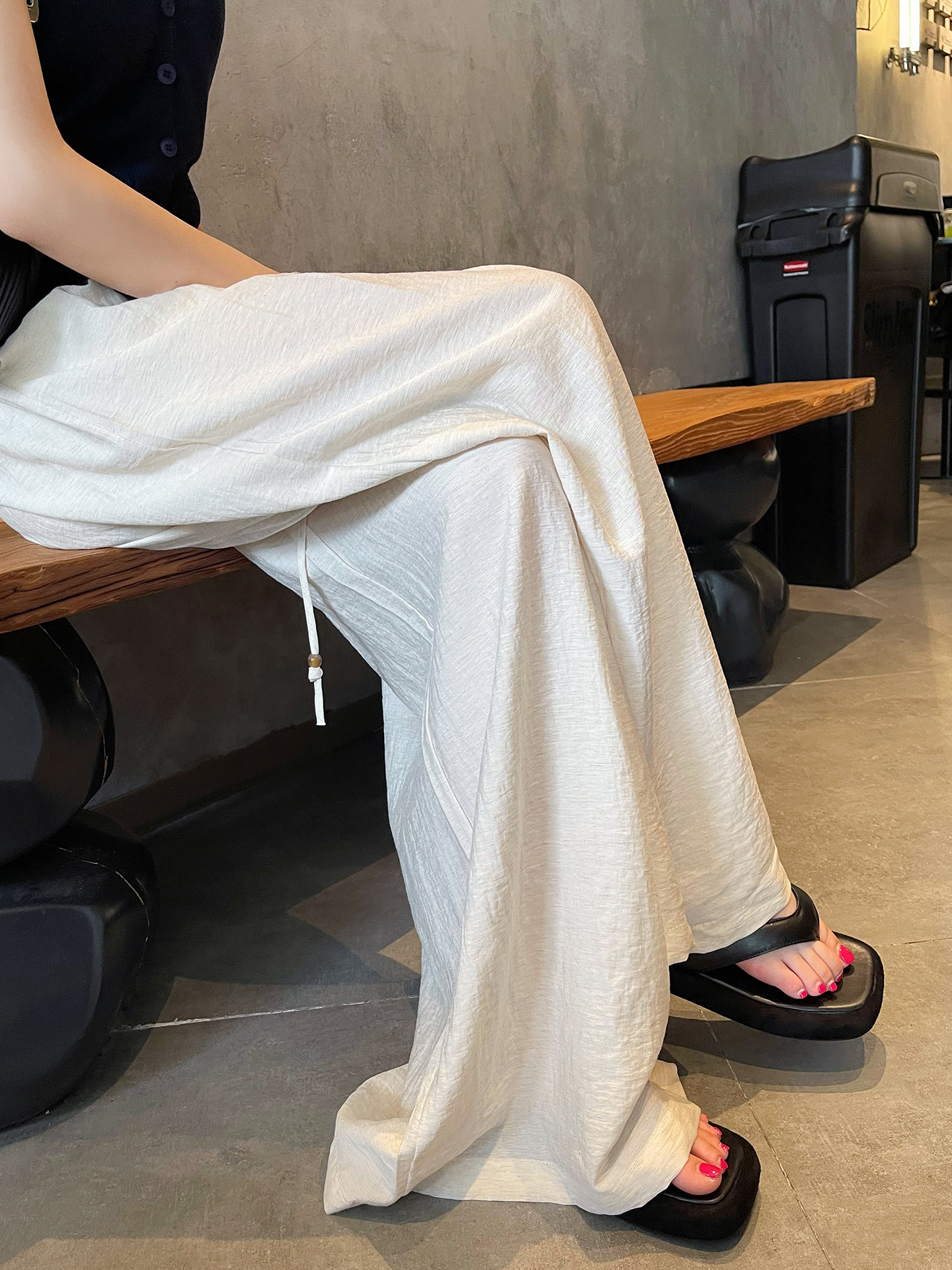 白パンツ リネン風マキシフレアパンツ