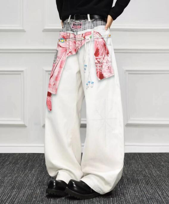 白パンツ 秋冬メンズ白ワイドパンツ レイヤード刺繍デザイン