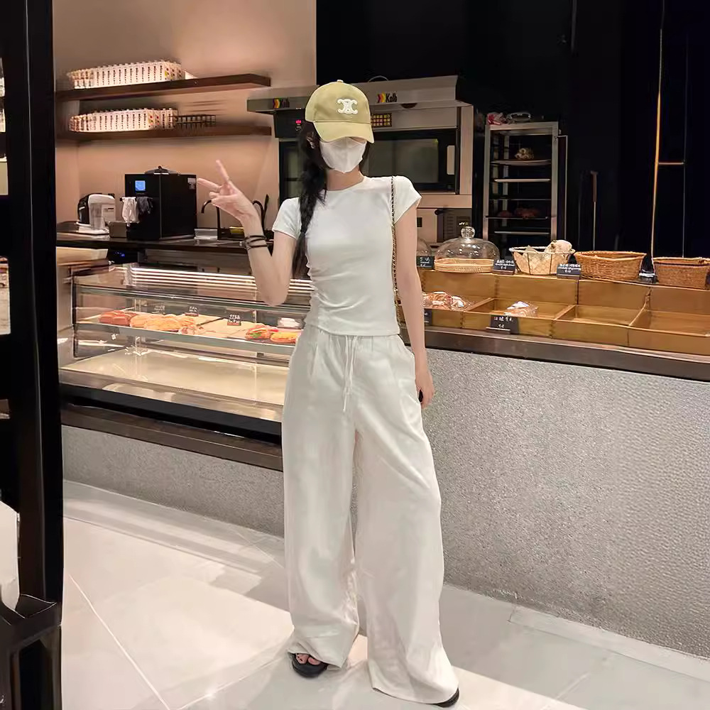 白パンツ リネン混ドロストゆったりワイドパンツ