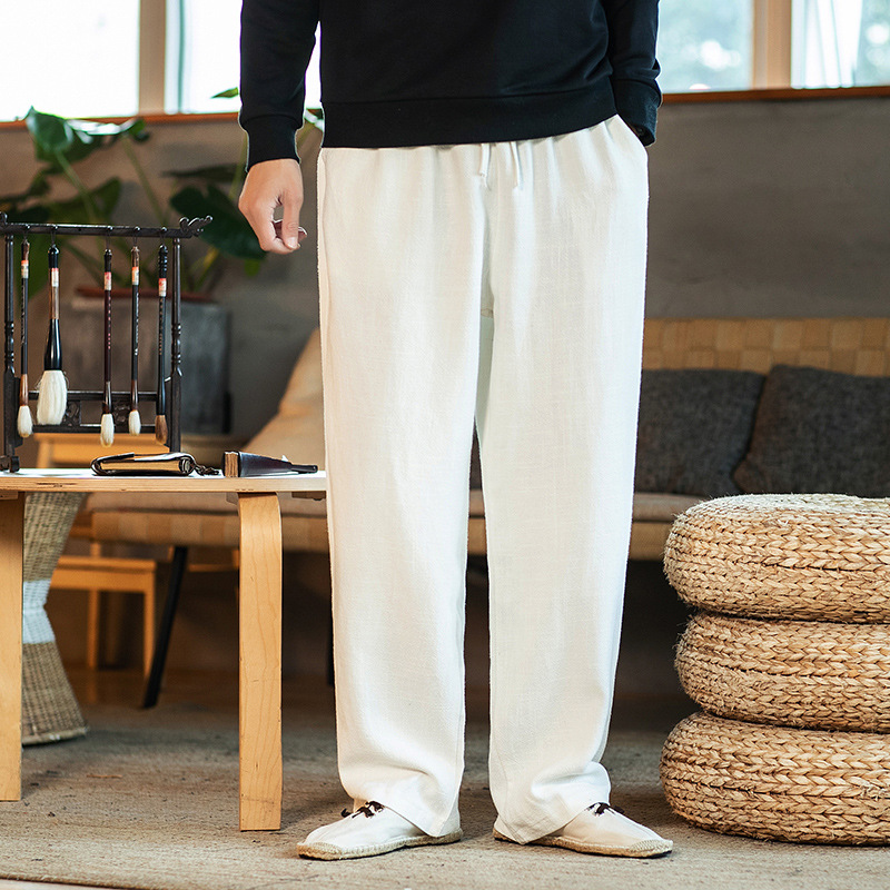 白パンツ リネン風ゆったりくつろぎパンツ