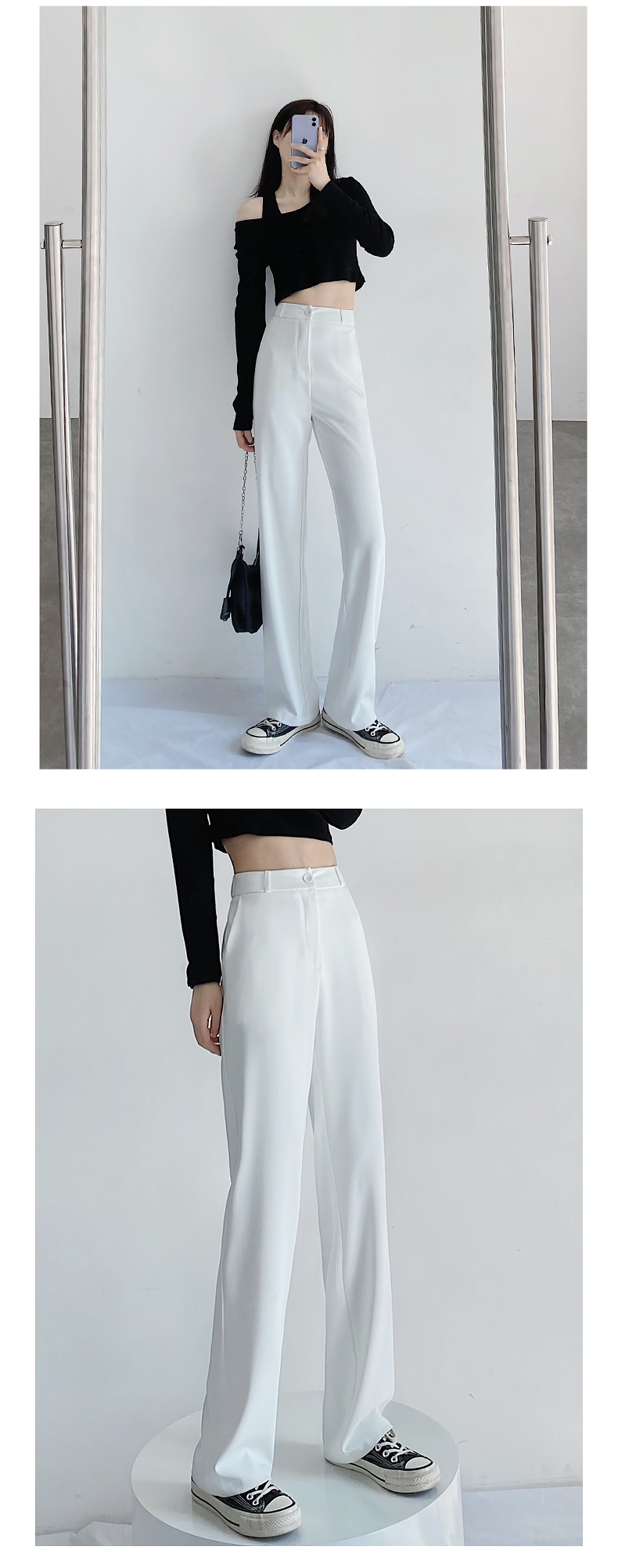 白パンツ ゆったりストレートスラックスパンツ