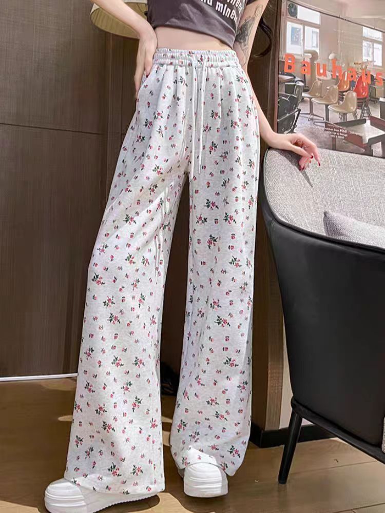 白パンツ 小花柄ゆったりワイドパンツ