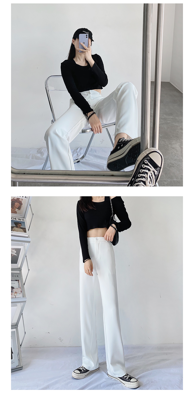 白パンツ ゆったりストレートスラックスパンツ