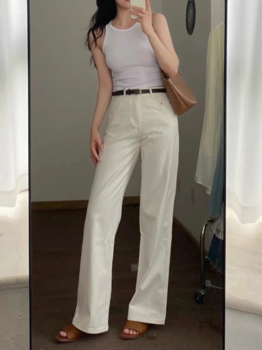 白パンツ ハイウエストストレートデニムパンツ