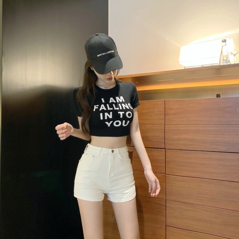 白パンツ ハイウエストデニムショートパンツ