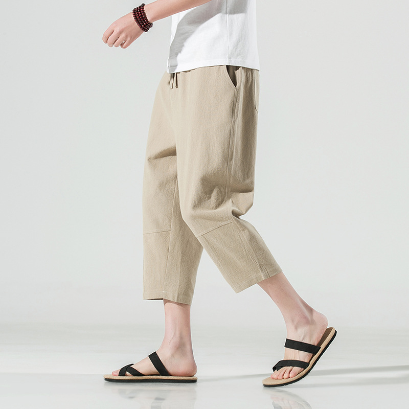 白パンツ リネン混紡 リラックスクロップドパンツ