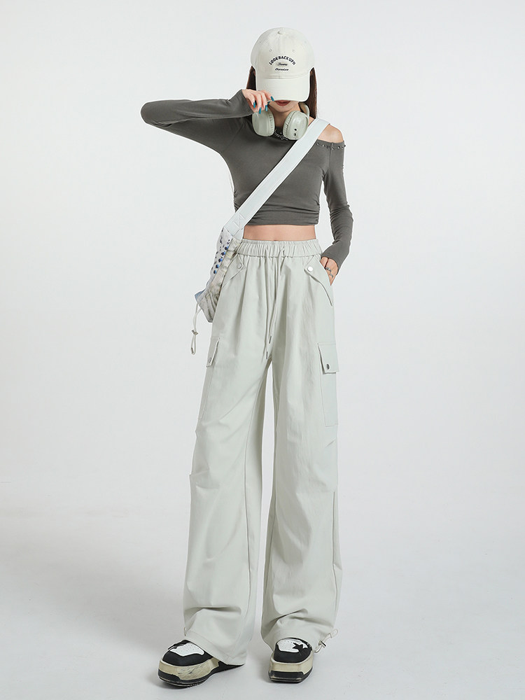 白パンツ 多機能カーゴポケット付きワイドシルエットナイロンパンツ