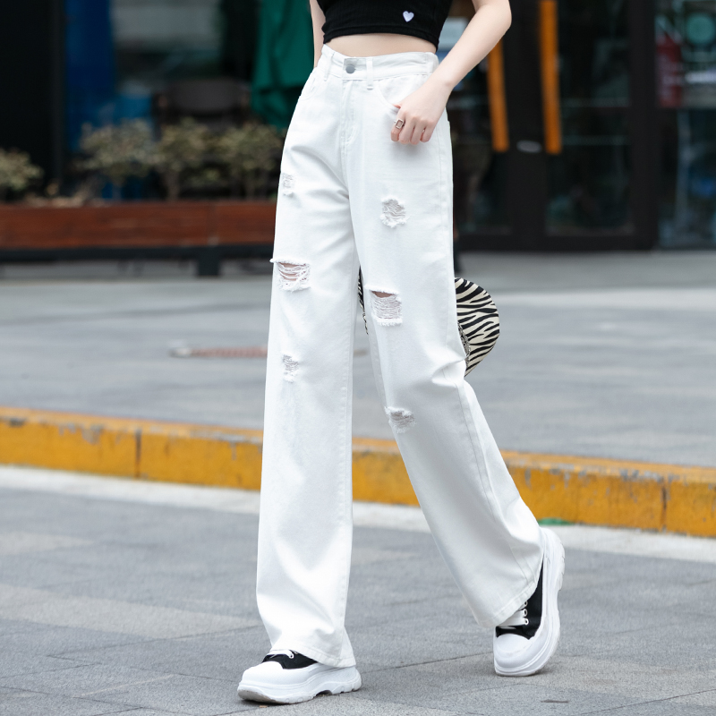 白パンツ ゆったりダメージ加工ワイドパンツ