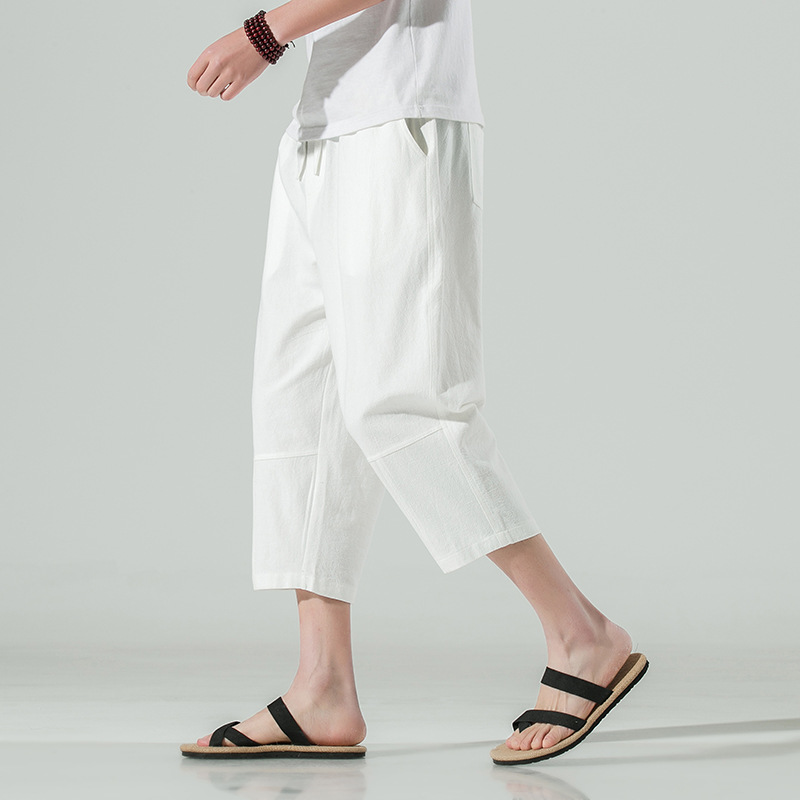 白パンツ リネン混紡 リラックスクロップドパンツ