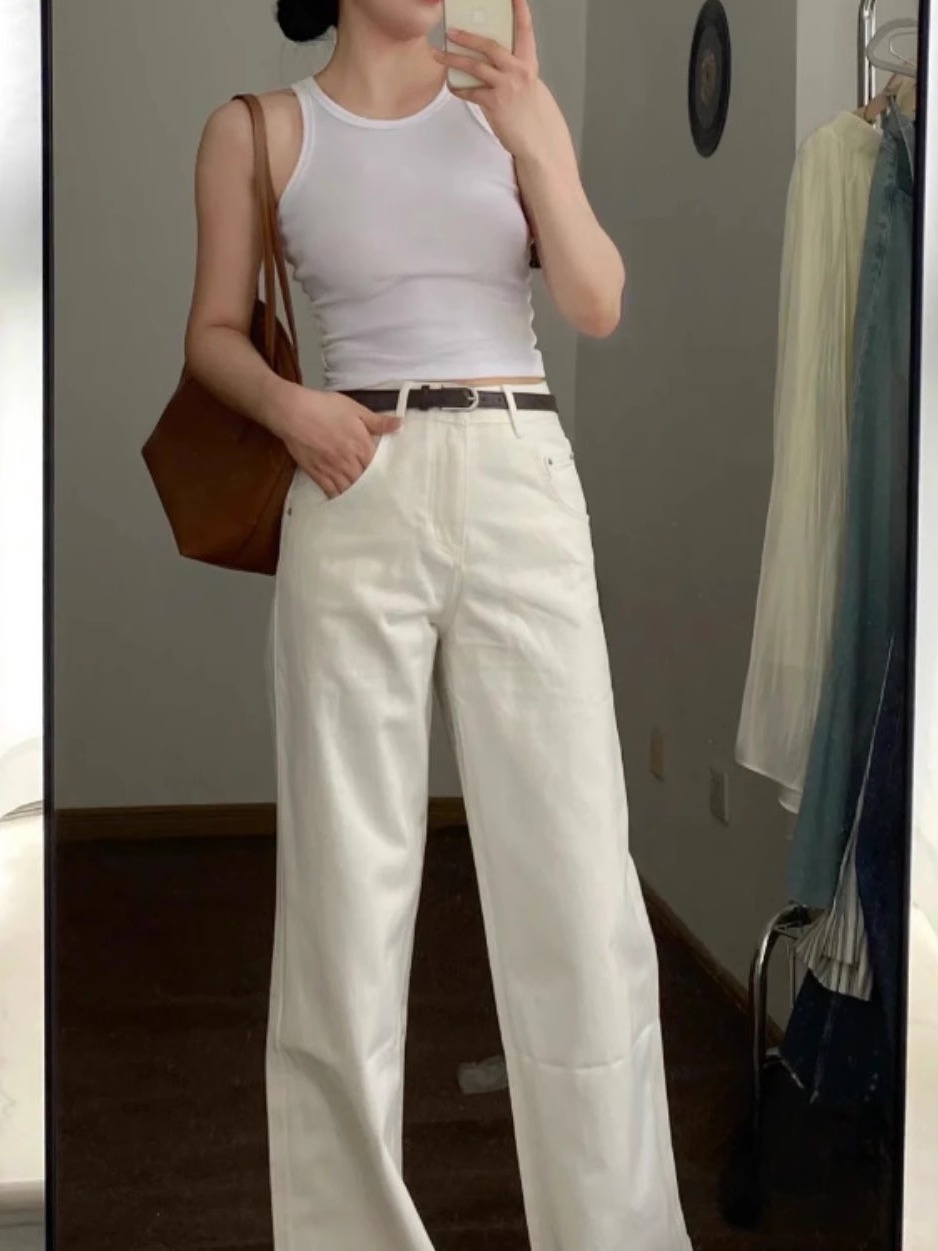 白パンツ ハイウエストストレートデニムパンツ