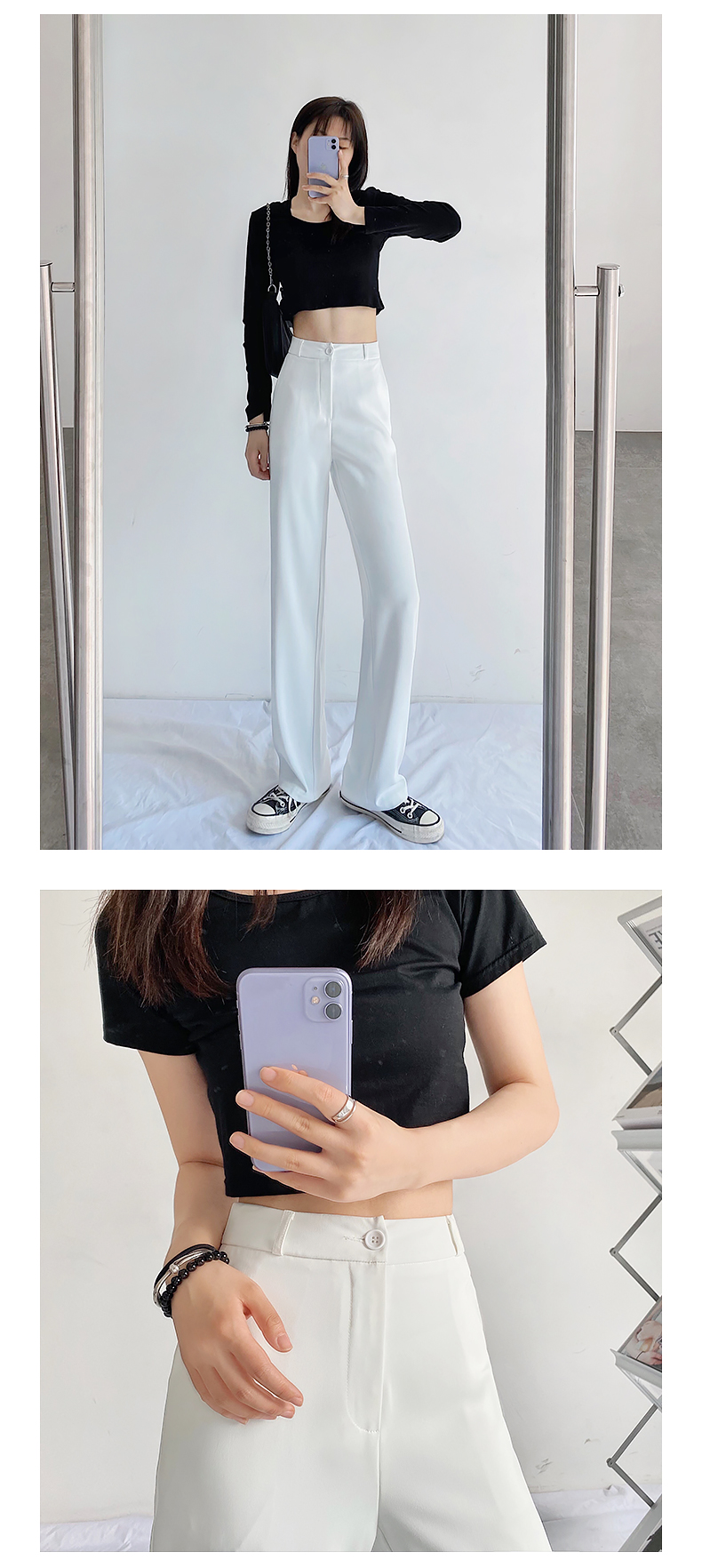 白パンツ ゆったりストレートスラックスパンツ