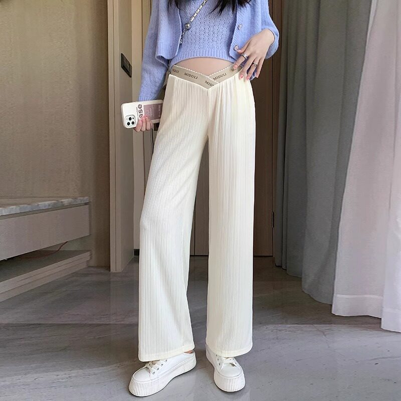 白パンツ 縦リブワイドシルエット腹囲調節マタニティパンツ