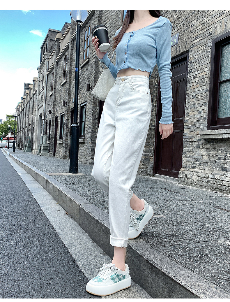 白パンツ ハイウエストストレートデニムパンツ