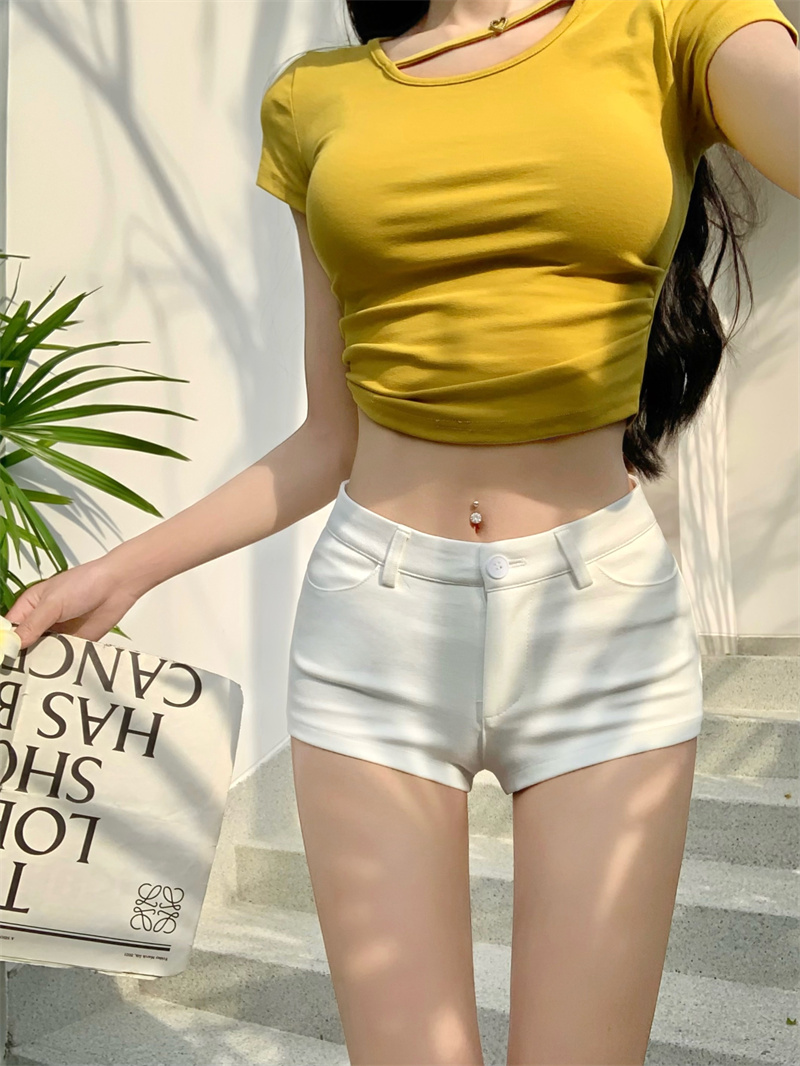白パンツ ストレッチ素材ハイウエストショートパンツ