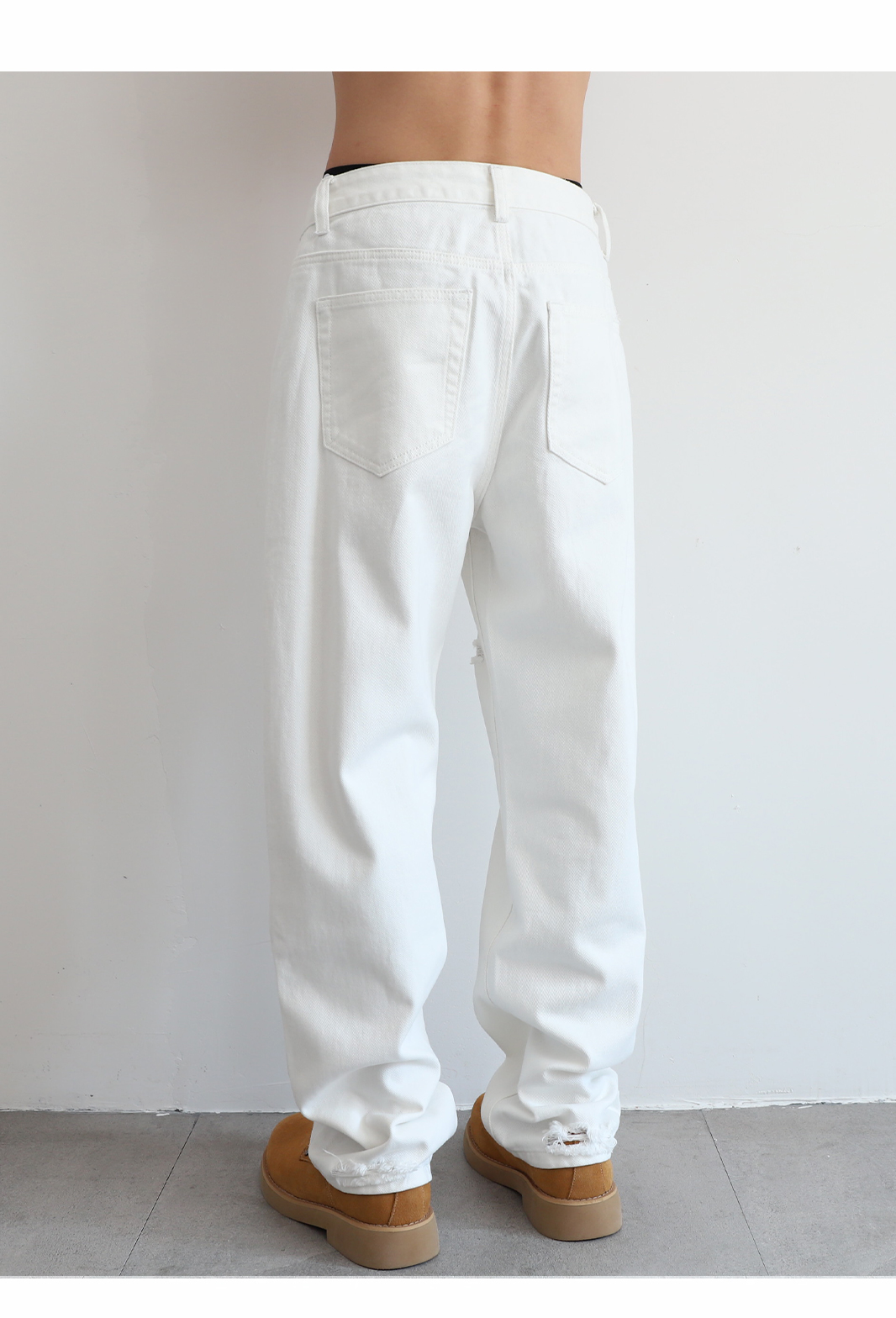 白パンツ ダメージ加工ストレートパンツ