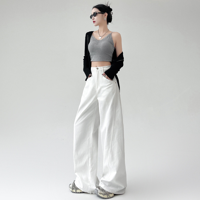 白パンツ ハイウエストゆったりシルエット美脚ロング丈ワイドパンツ