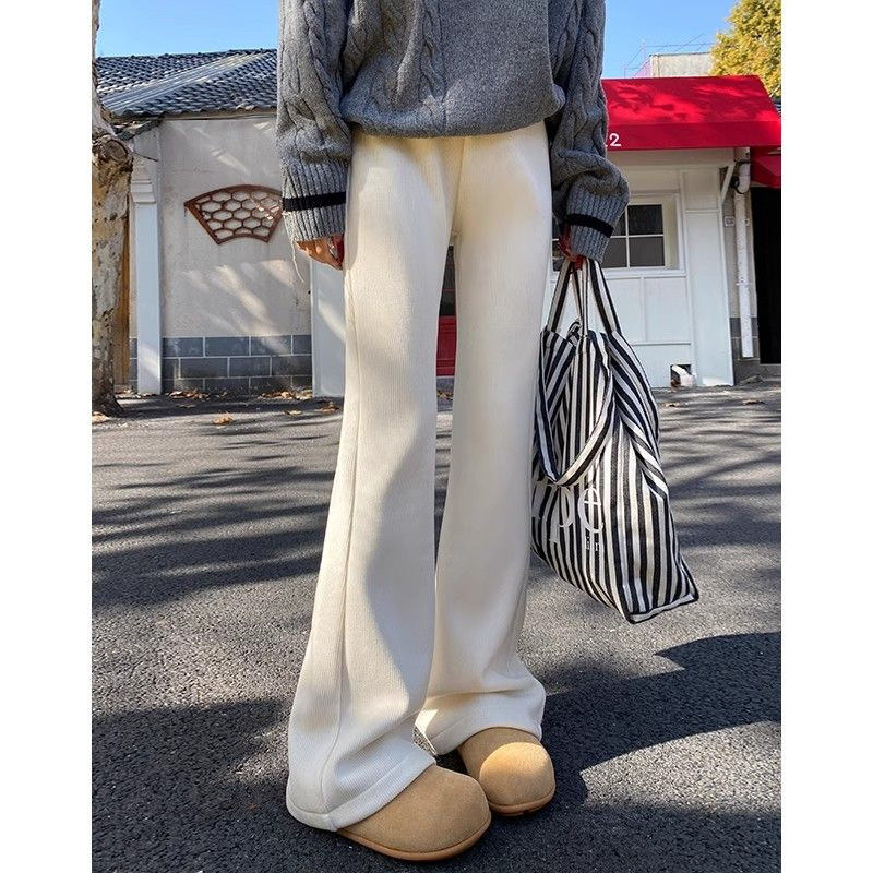 白パンツ リブ編みワイドスラックスパンツ