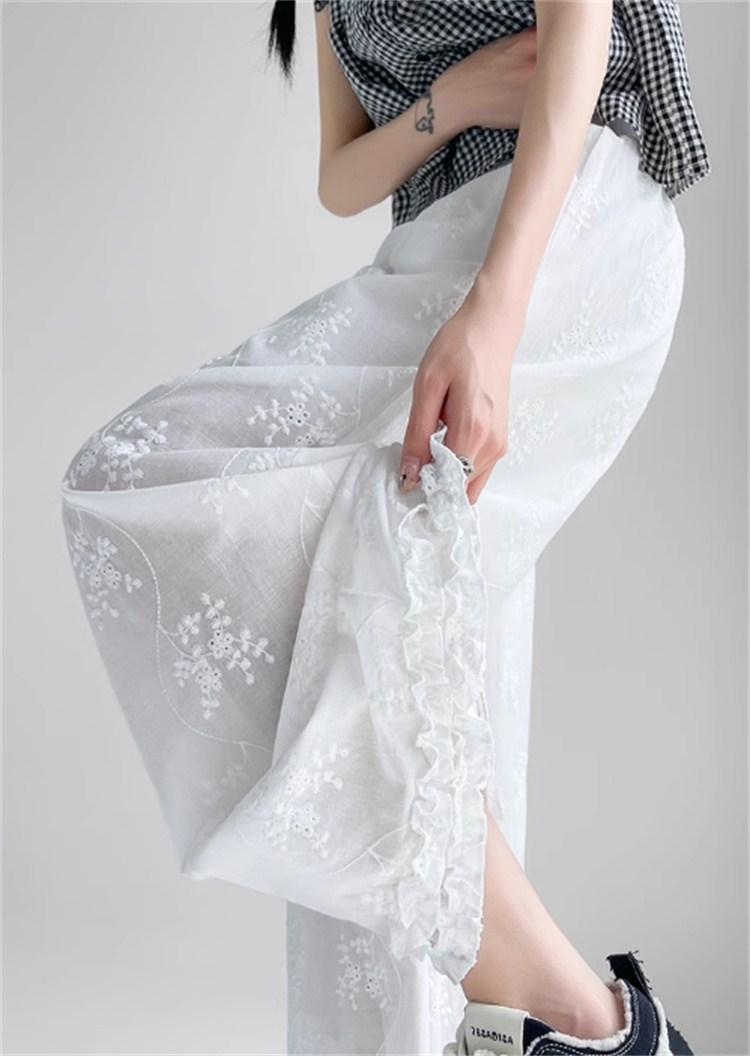綿麻レース刺繍ワイドパンツ 夏涼しい白パンツ