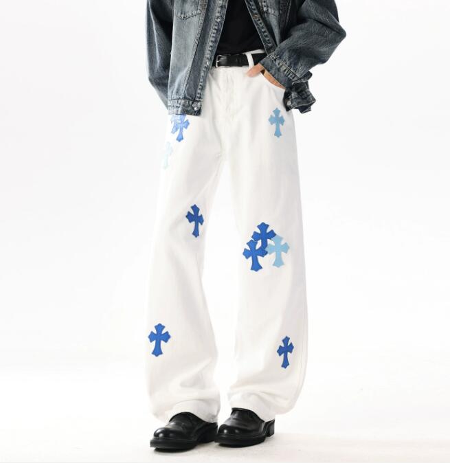 秋冬クロス柄白パンツ ワイドズボン 男性用