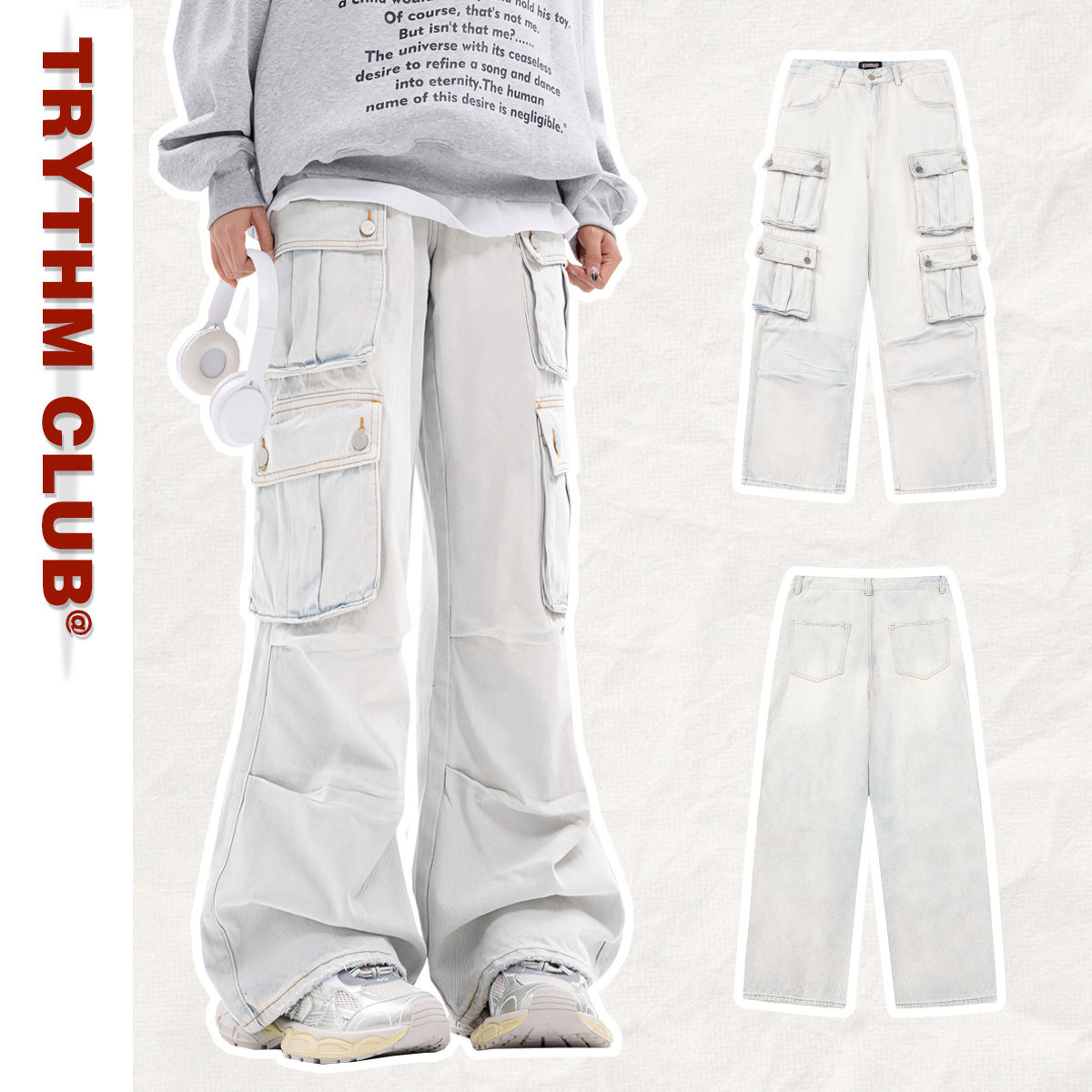 男女兼用カーゴパンツ 白パンツ ストリート系ボトムス
