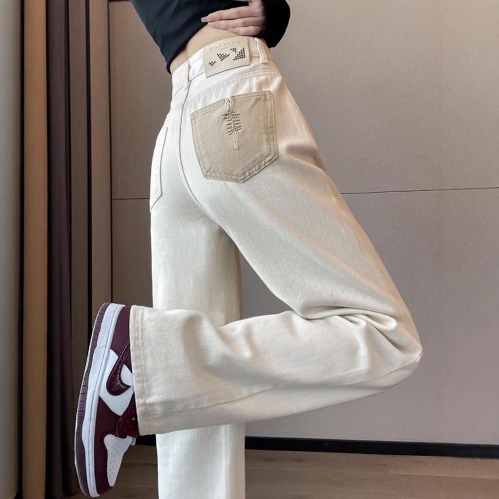 白パンツ ウエスト刺繍デニムストレートパンツ