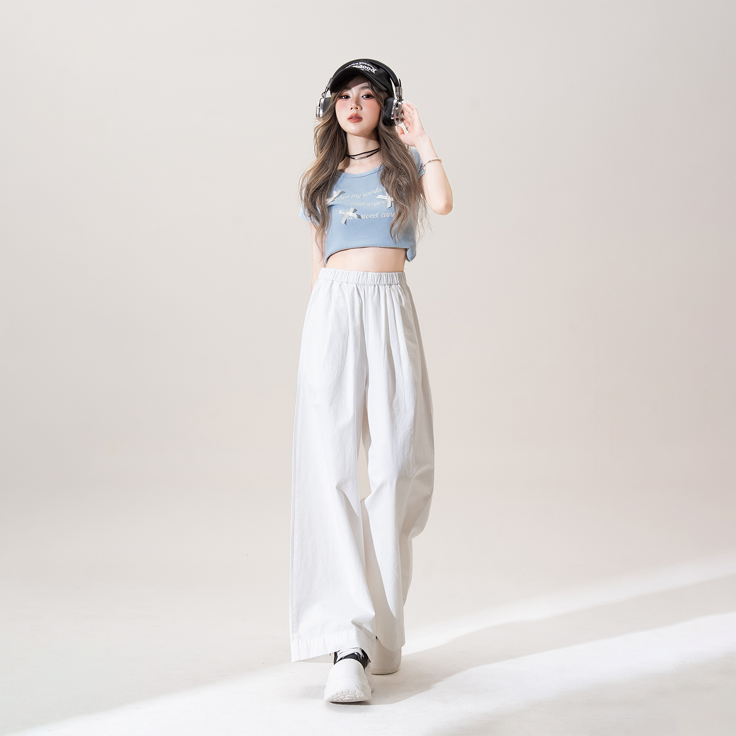 白パンツ ゆったりワイド綿麻素材ロングパンツ