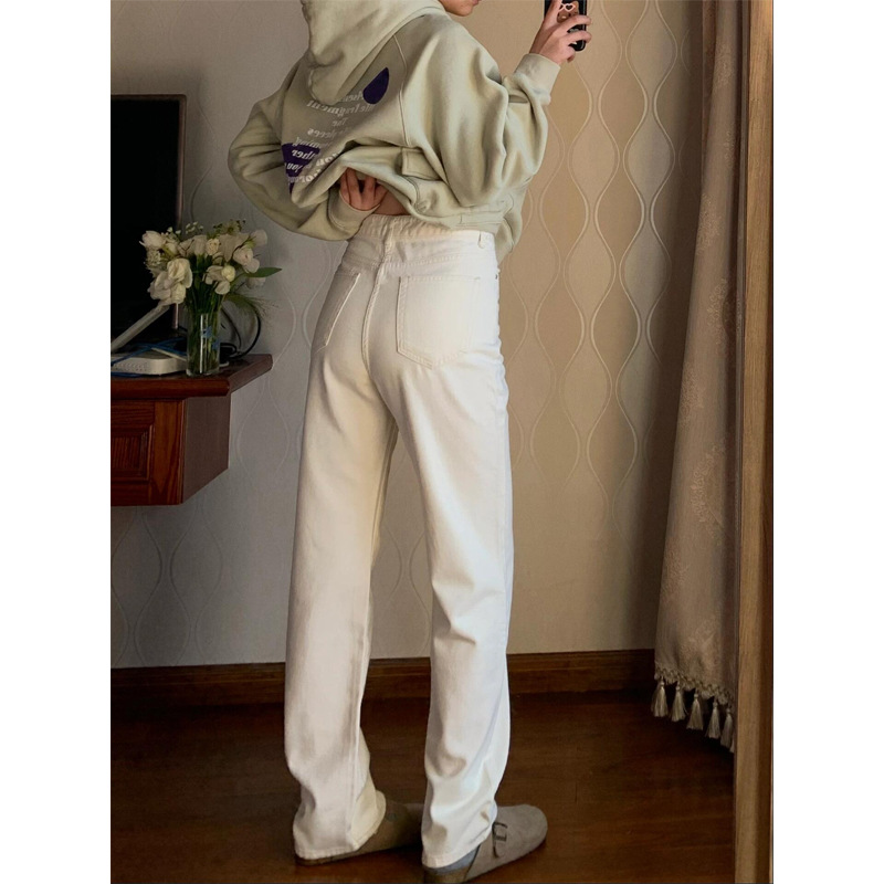 白パンツ ハイウエストベーシックストレートデニムパンツ