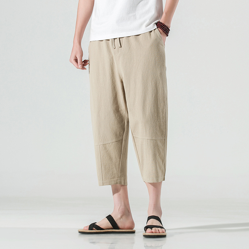 白パンツ リラックス麻混クロップドパンツ