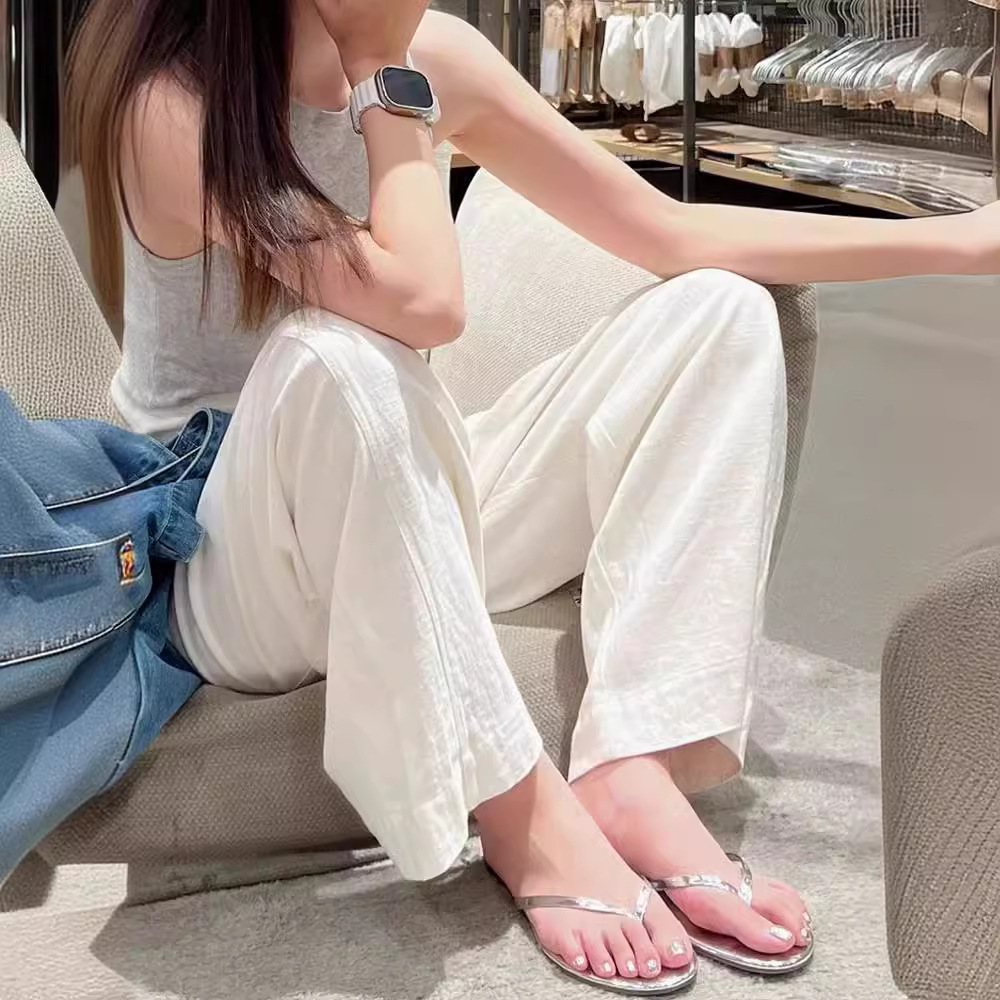 白パンツ センタープレスハイウエストゆったりワイドパンツ