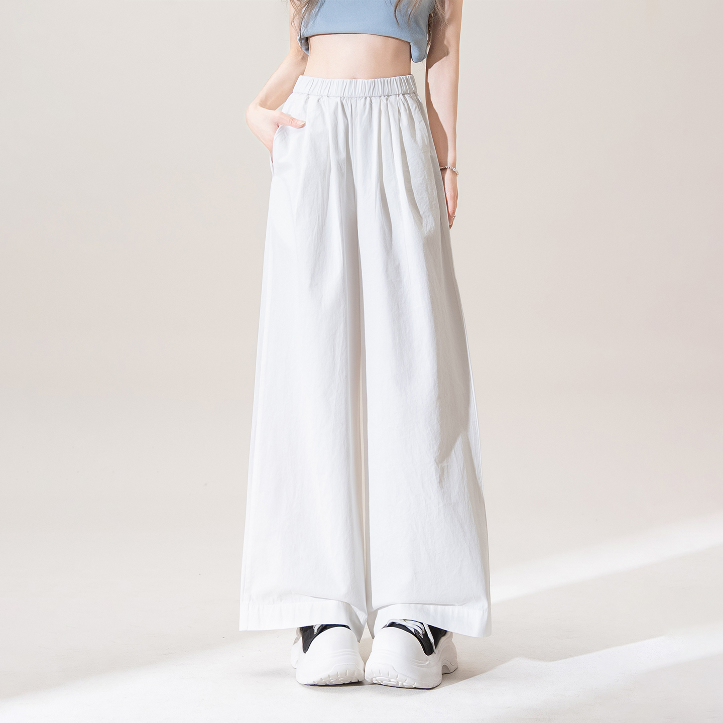 白パンツ ゆったりワイド綿麻素材ロングパンツ